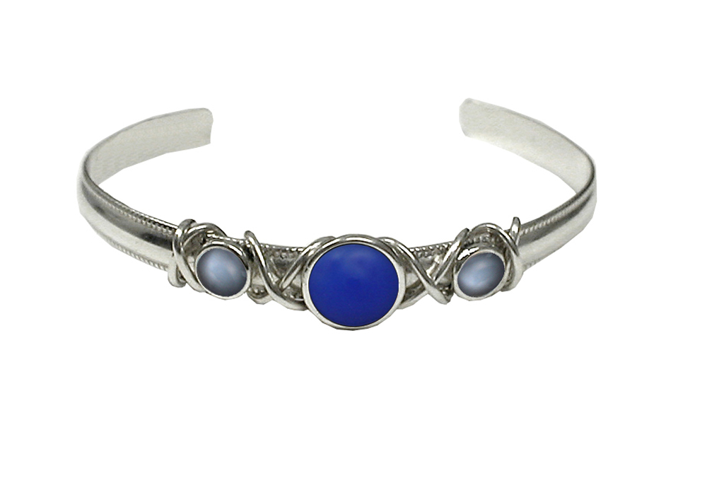 Sterling Silver Hand Made Cuff Bracelet With Blue Onyx And Grey Moonstone